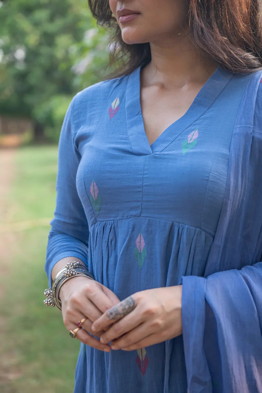 Close Up of Jamdani Weave Motifs on Sky Blue Pure Cotton Handloom Kurta