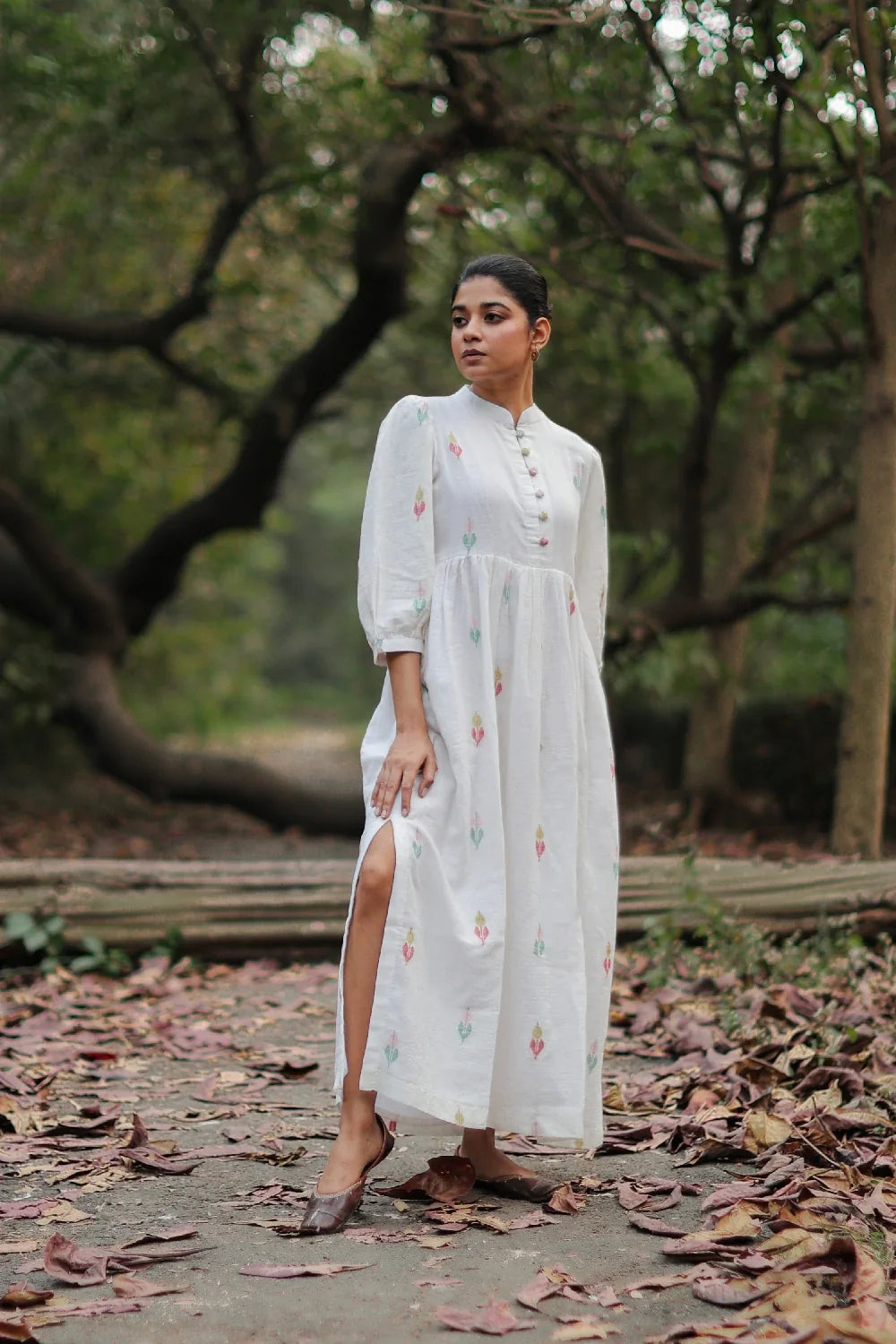 Close Up of Jamdani Weave Motifs on Whimsy White Cotton Dress