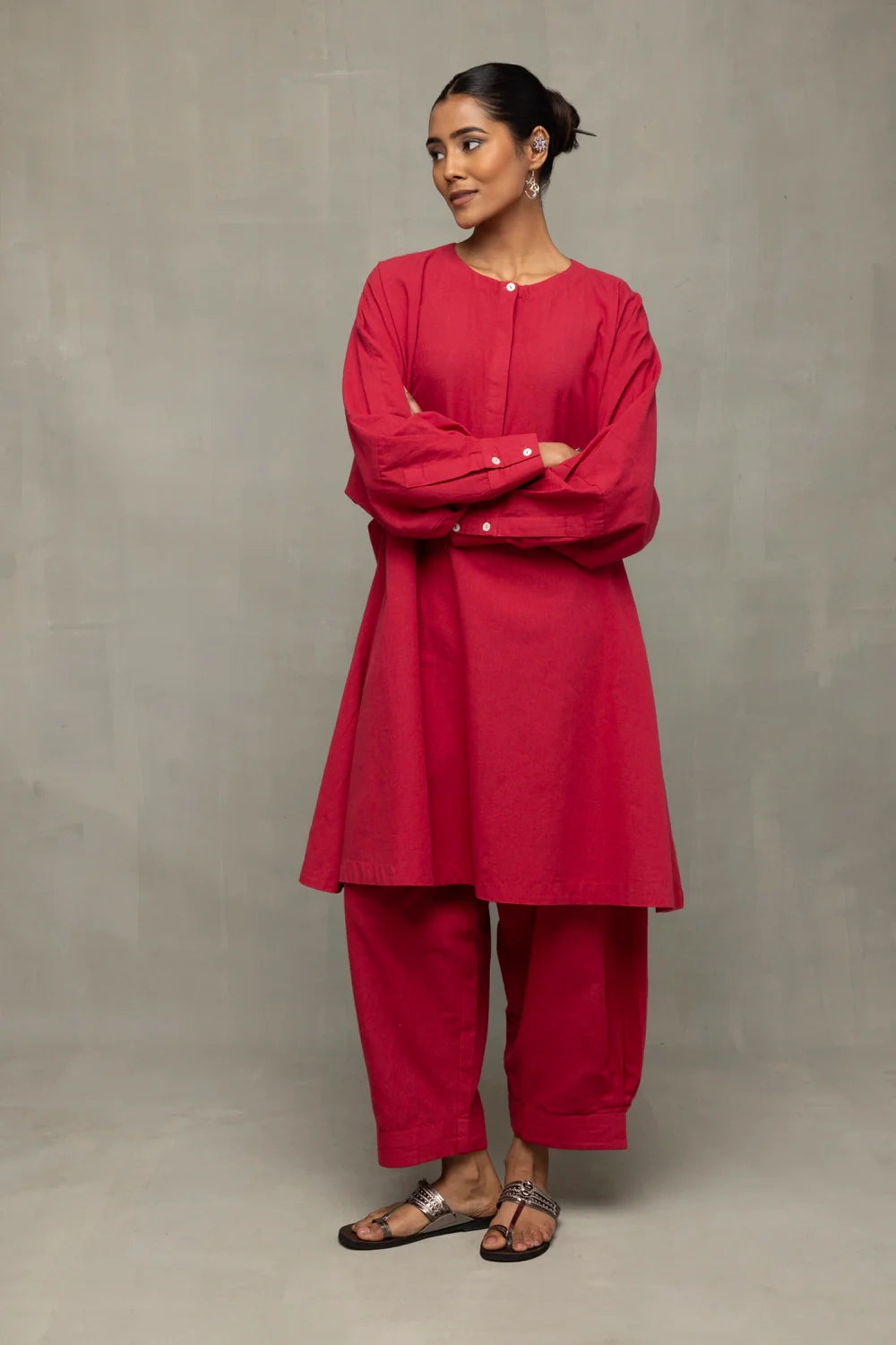 Close Up of Kala Cotton Texture on Crimson Red Oversized Co-ord Set