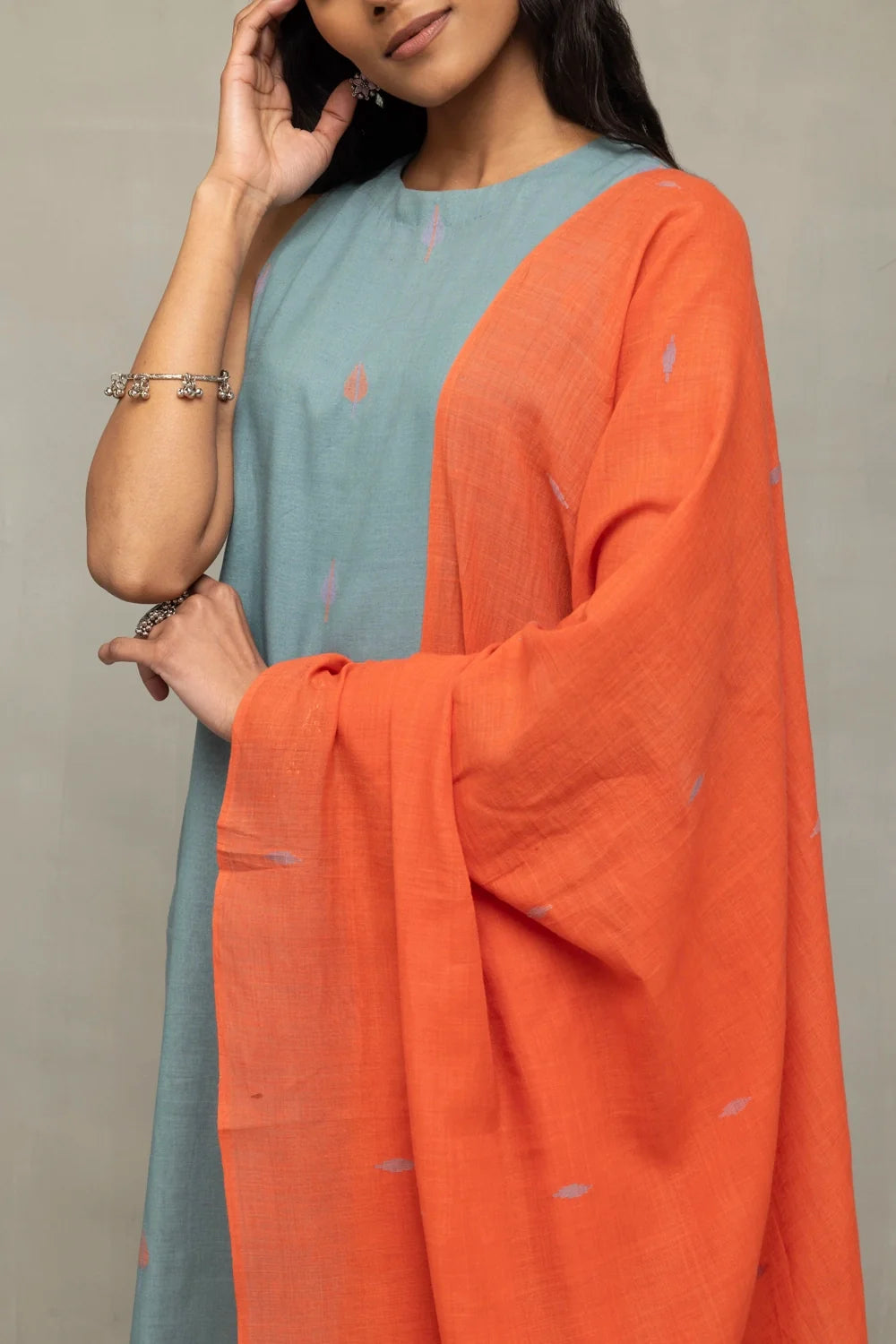 Close Up of Leaf Motifs on Tangerine Jamdani Dupatta with Zen Blue Kurta
