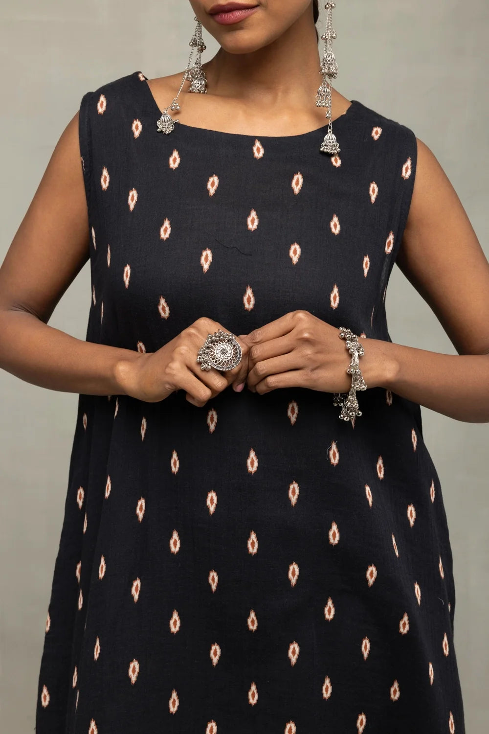 Close Up of Oval Dot Print Pattern on Black Pure Cotton Co-ord Set