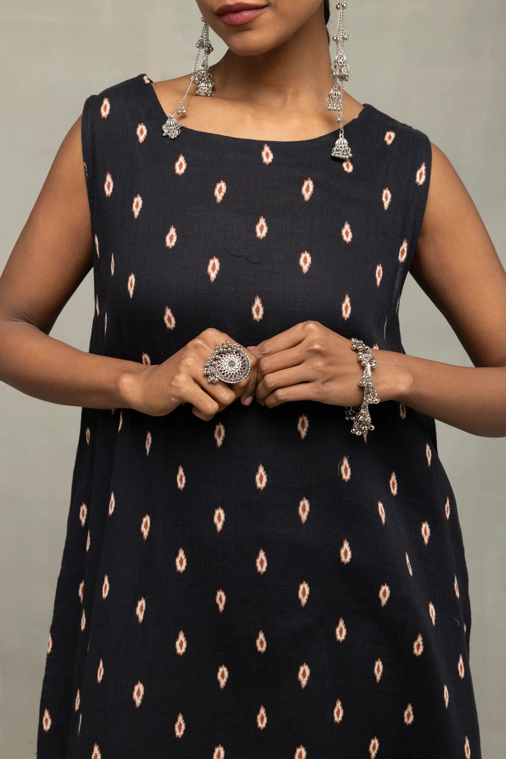Close Up of Oval Dot Print Pattern on Black Pure Cotton Co-ord Set