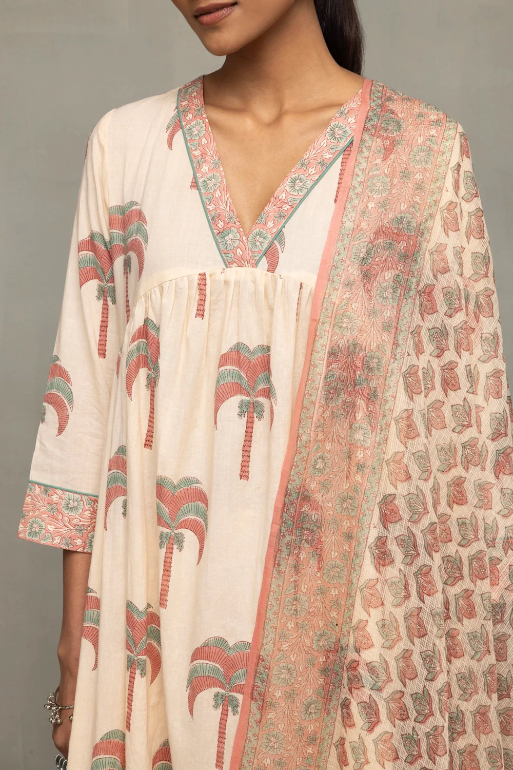 Close Up of Palm Block Print Pattern on Cream and Pink Cotton Kurta