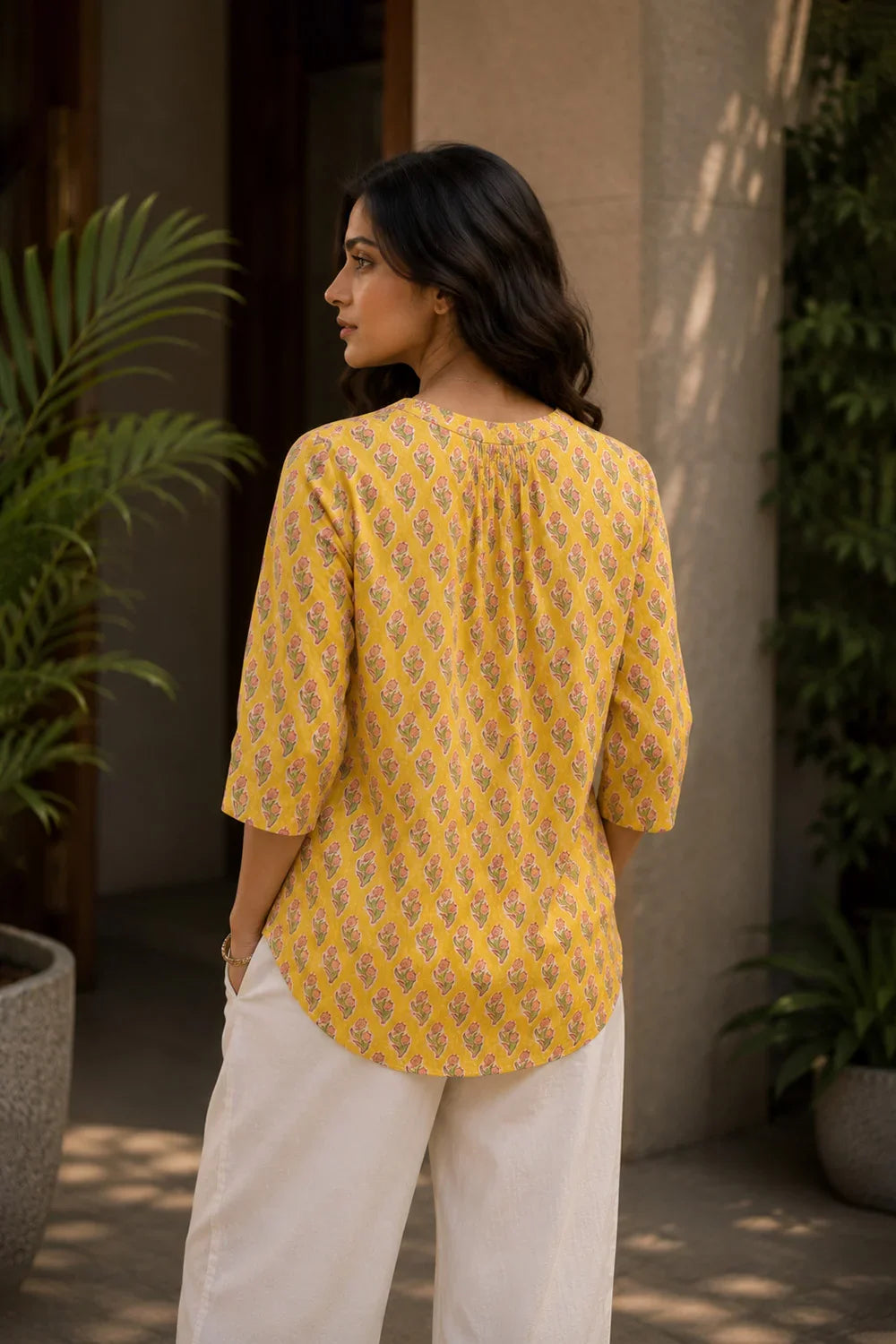 Close Up of Pink Floral Block Print Pattern on Yellow Pure Cotton Top