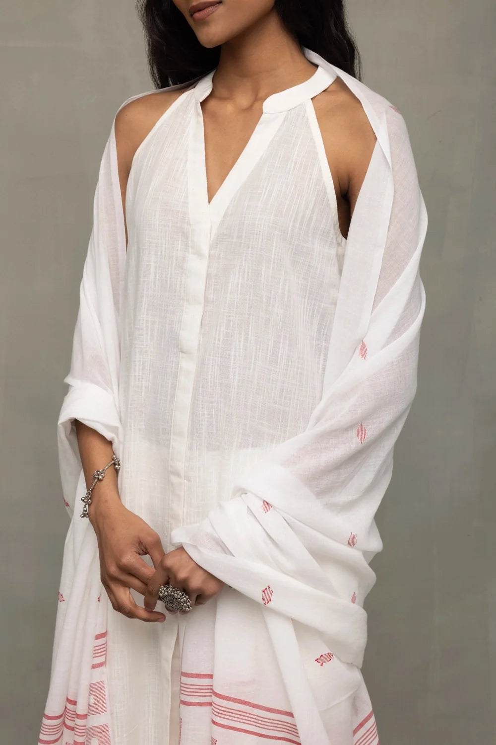 Close Up of Slub Cotton Texture on White Kurta Set