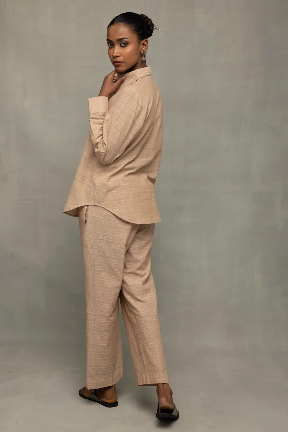 Close Up of South Cotton Woven Texture on Beige Co-ord Set