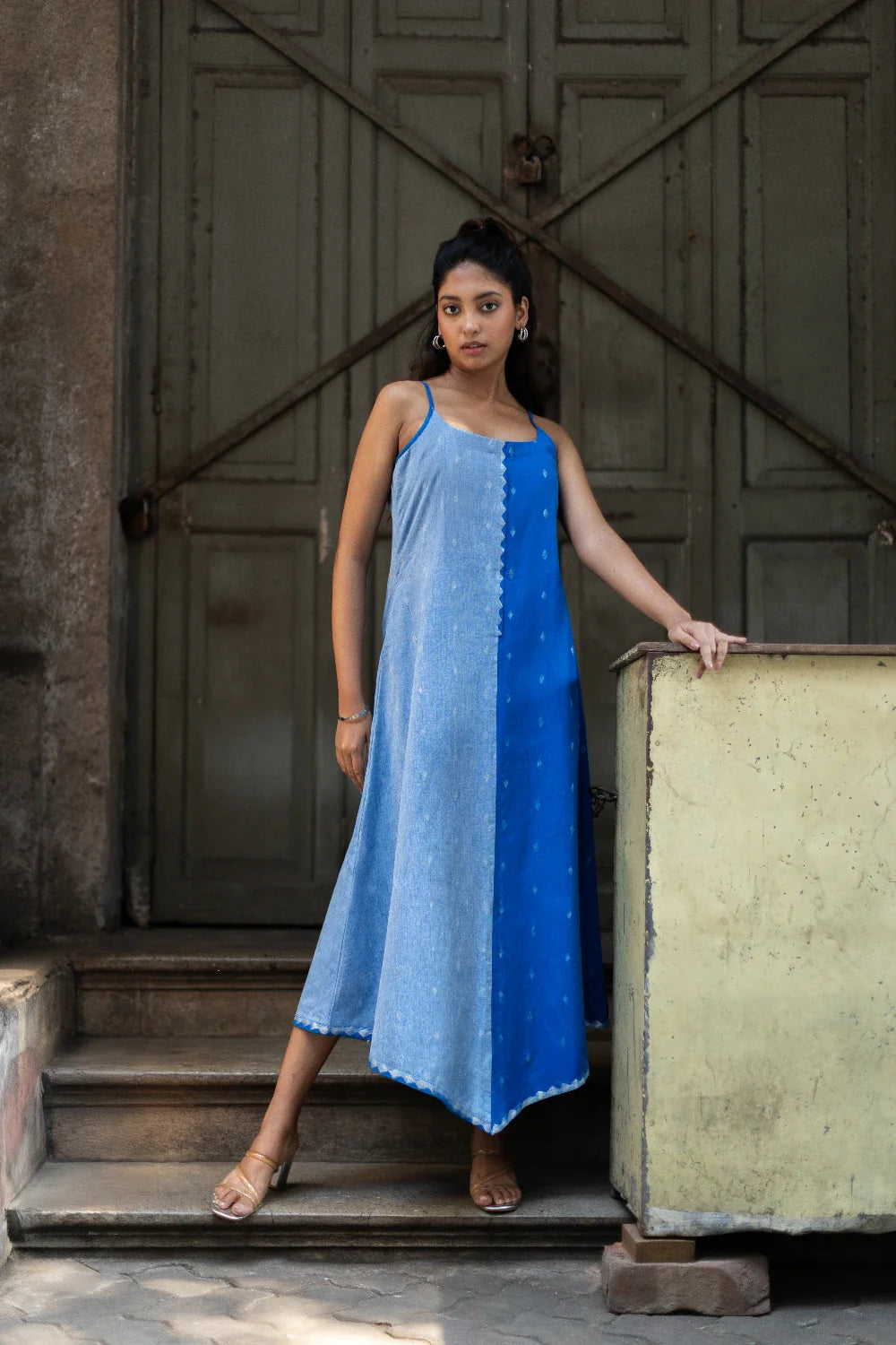 Close Up of South Cotton Woven Texture on Blue Mirage Dress