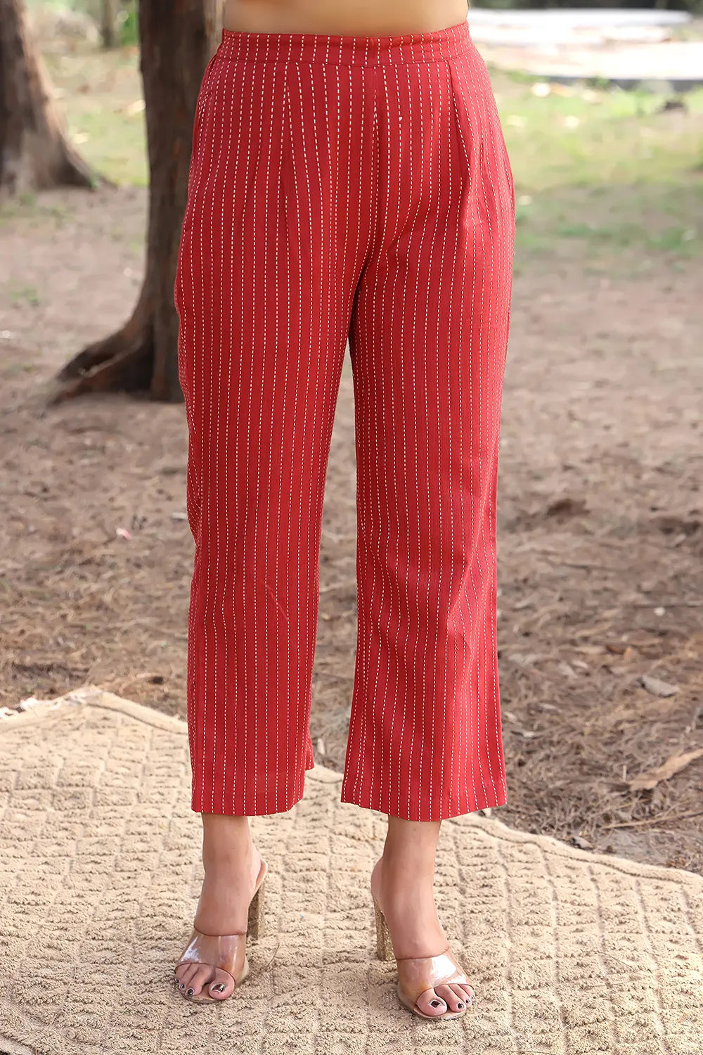 Close Up of Stripe Pattern on Pant with Brick Red Pure Cotton Kurta