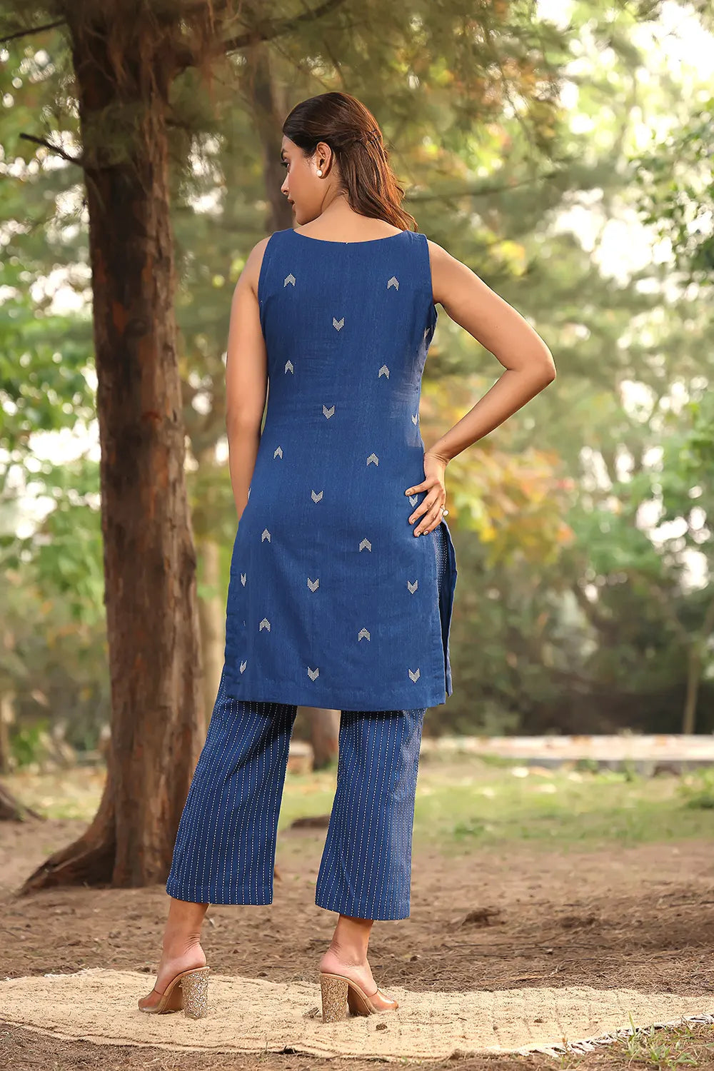 Close Up of Stripe Pattern on Pant with Navy Blue Pure Cotton Kurta
