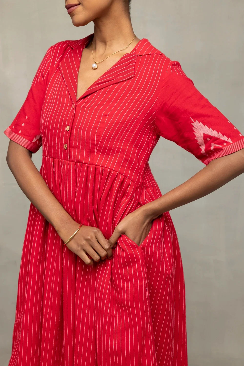 Close Up of Temple Motifs on Red and White Handloom Jamdani Kurta