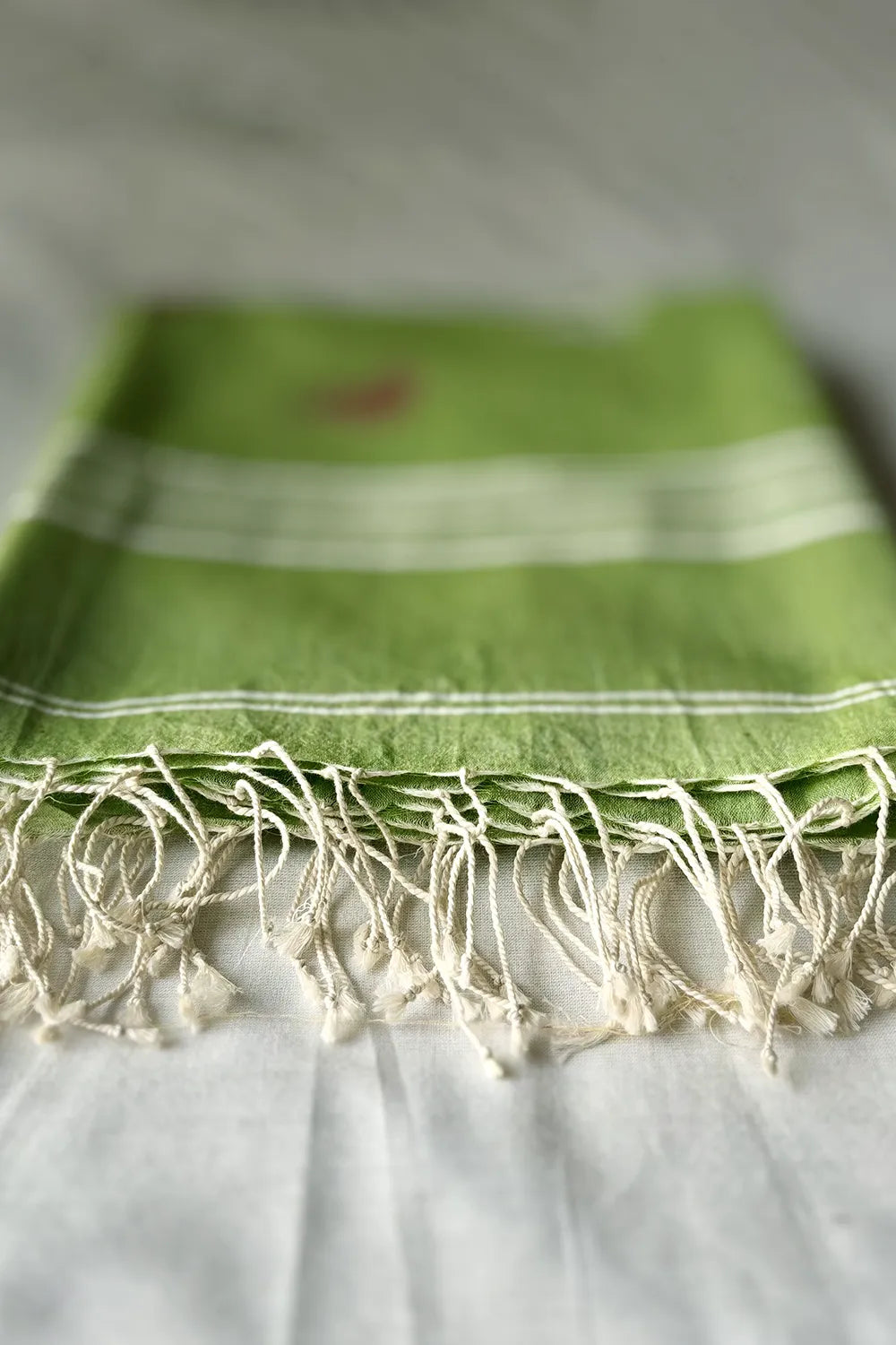 Close Up of Tota Pakhi Parrot Motifs on Green Handloom Jamdani Dupatta