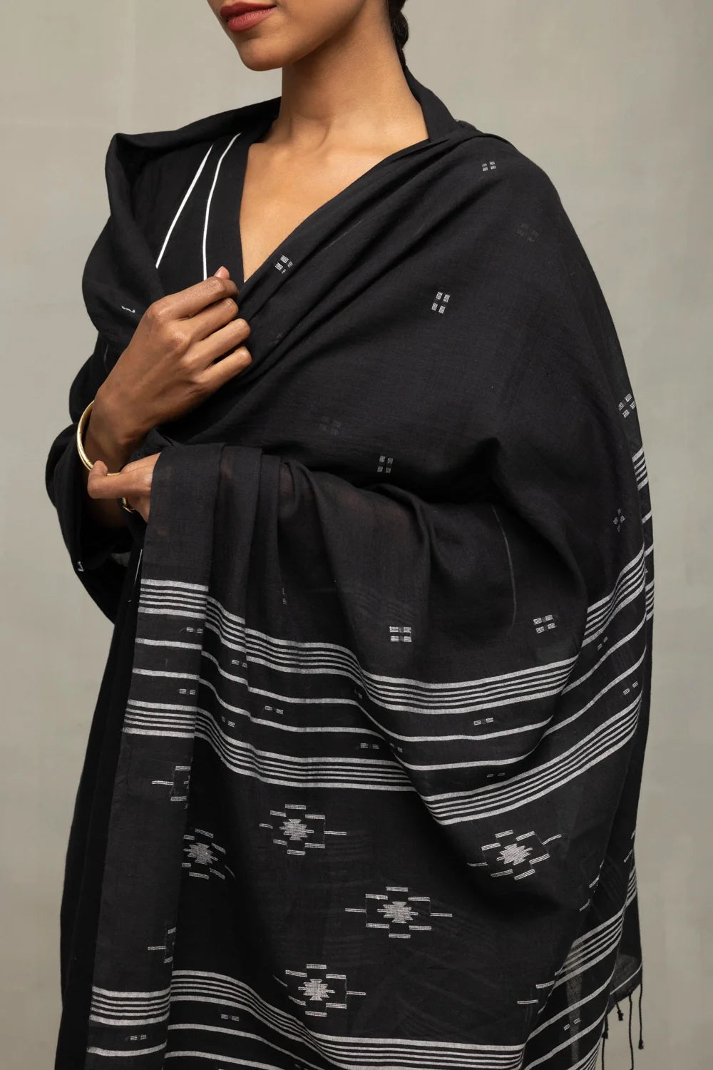 Close Up of White Piping Detailing and Jamdani Weave on Black Kurta Set