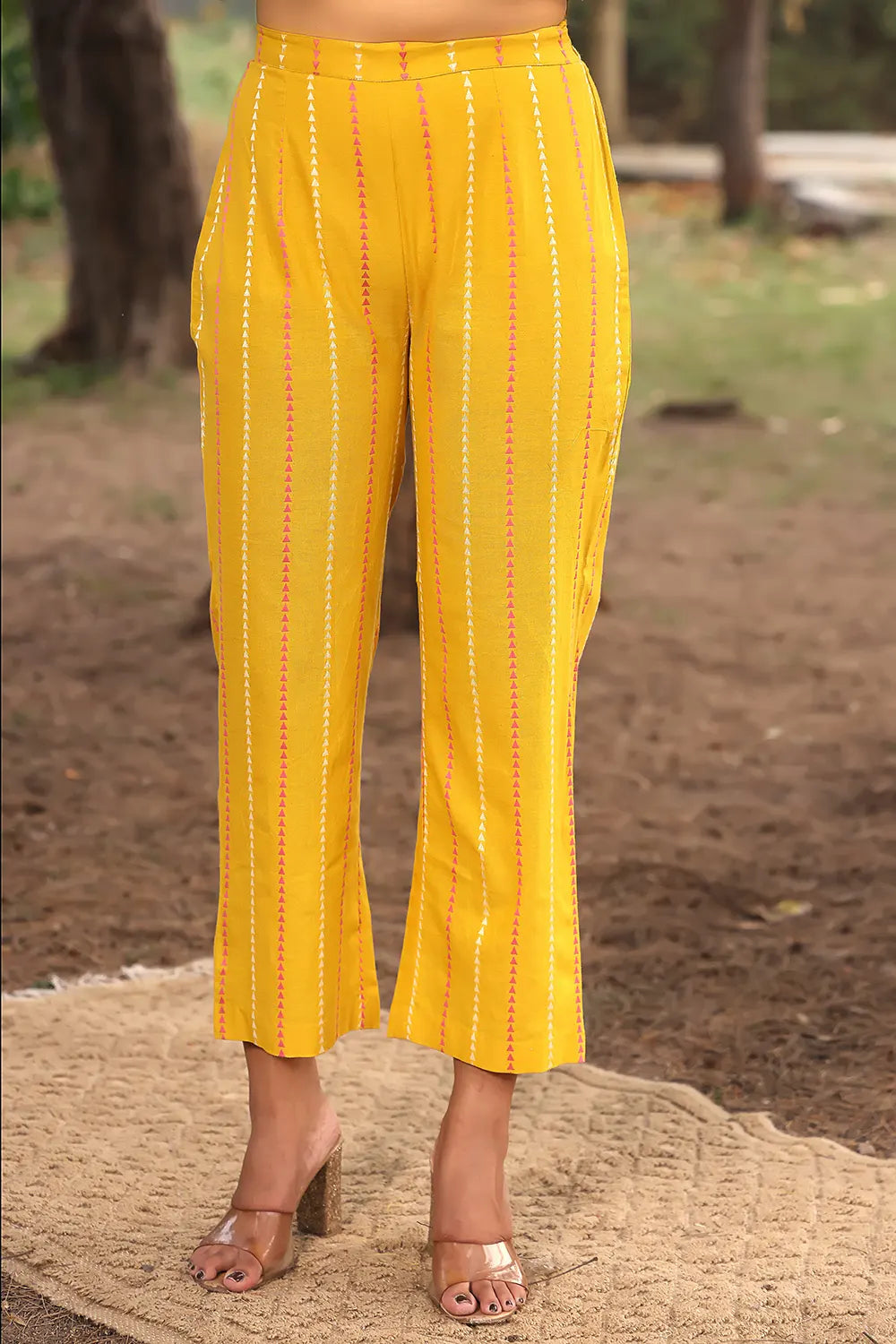 Close Up of Woven Pink White Motifs on Yellow Pure Cotton Kurta