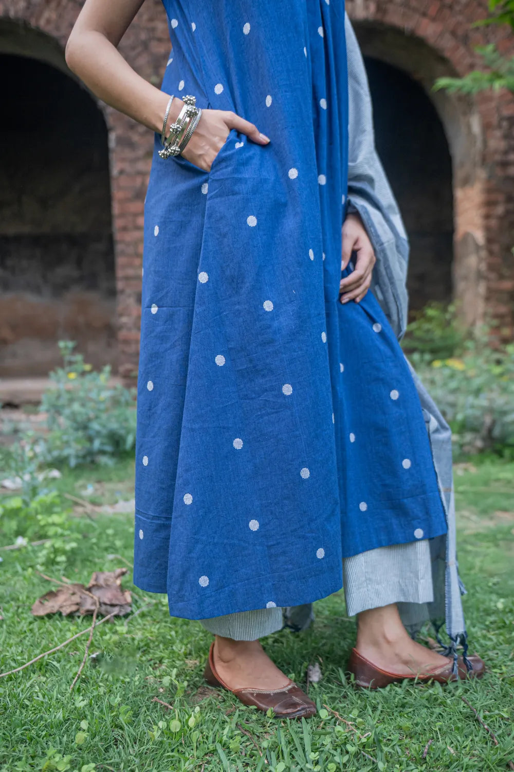 Close Up of Woven Texture on Blue Pure South Cotton Kurta Set