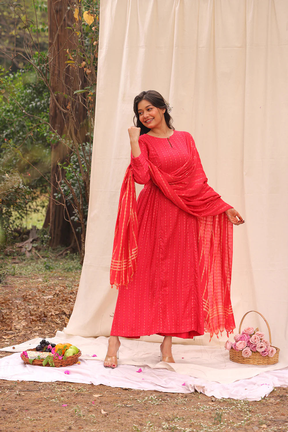 Close Up of Woven Texture on Candy Red Soft Cotton Silk Kurta Set
