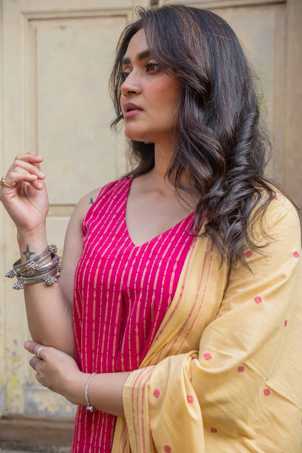 Pink Pure South Cotton Woven Kurta Set with Dupatta-Sutra Art of Clothing