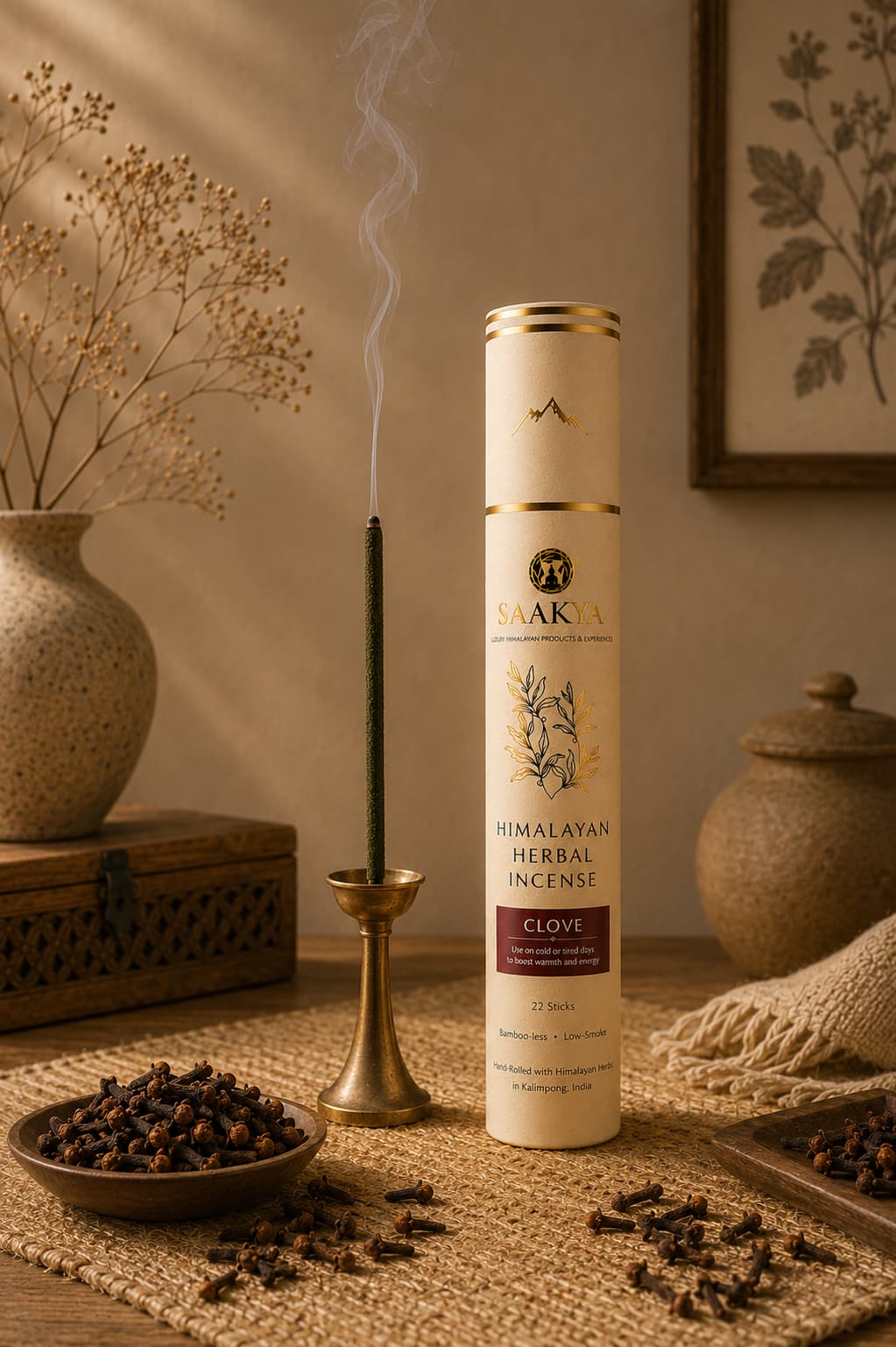 Saakya Himalayan Clove Incense Sticks handcrafted with natural Himalayan botanicals.