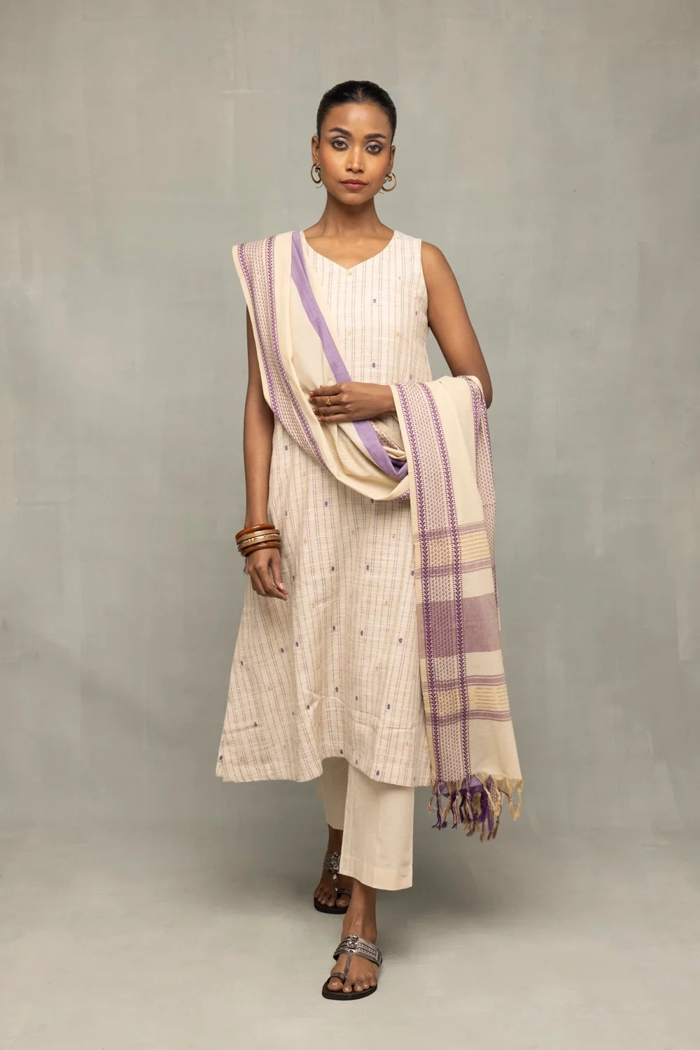Cream and Mauve South Cotton Zari Kurta Set with Dupatta