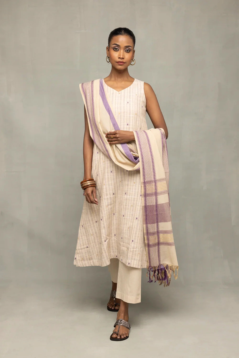 Cream and Mauve South Cotton Zari Kurta Set with Dupatta