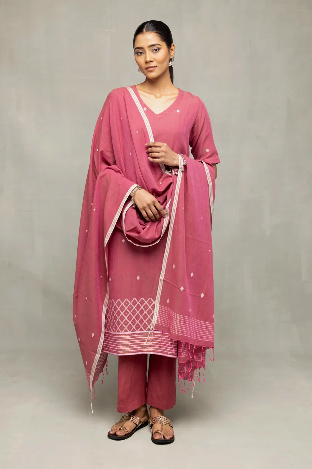 Dusty Rose Cross Motifs Jamdani Kurta Set with Dupatta