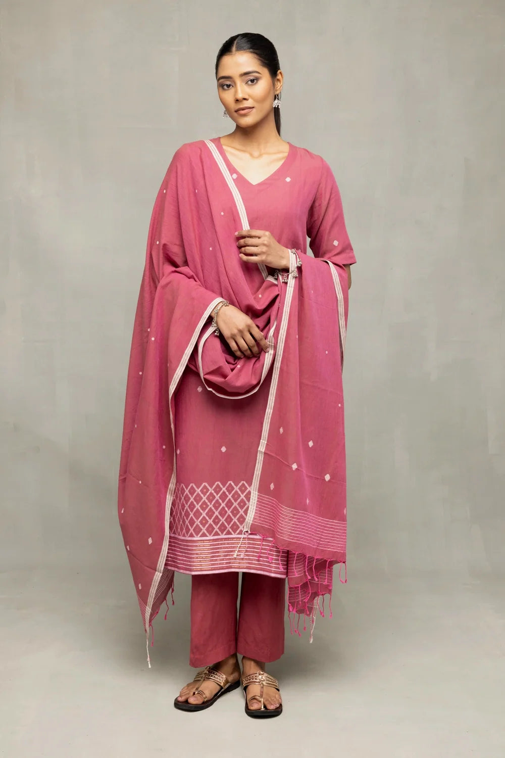 Dusty Rose Cross Motifs Jamdani Kurta Set With Dupatta-Sutra Art of Clothing