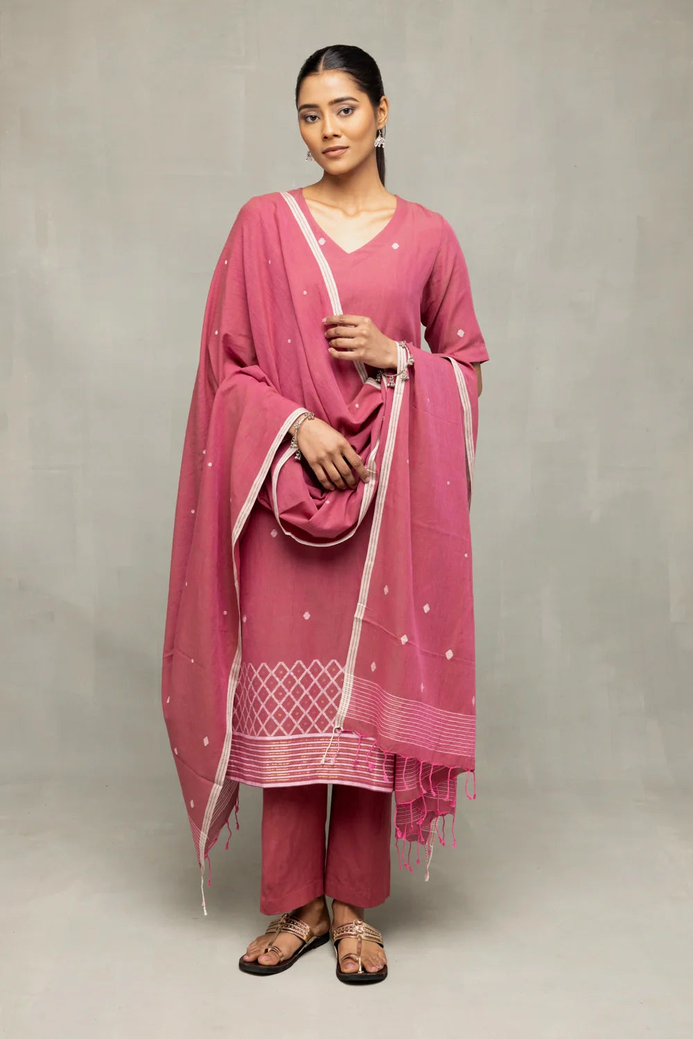 Dusty Rose Cross Motifs Jamdani Kurta Set with Dupatta