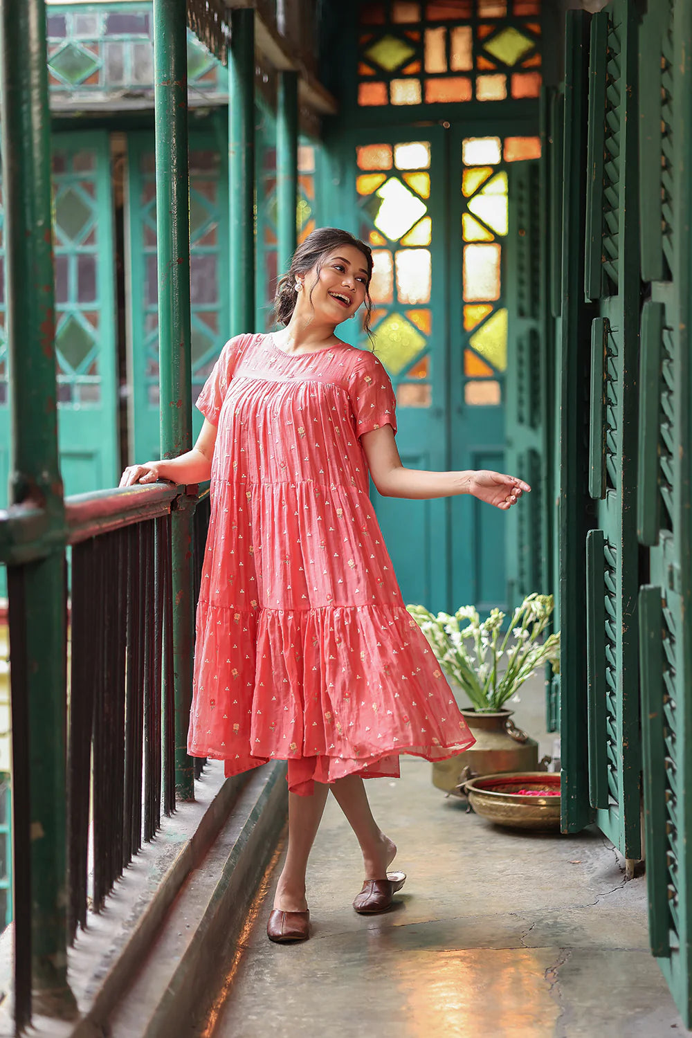 Elegant Peach echo Embroidered Mul Chanderi Dress for Ethnic and Wedding Wear