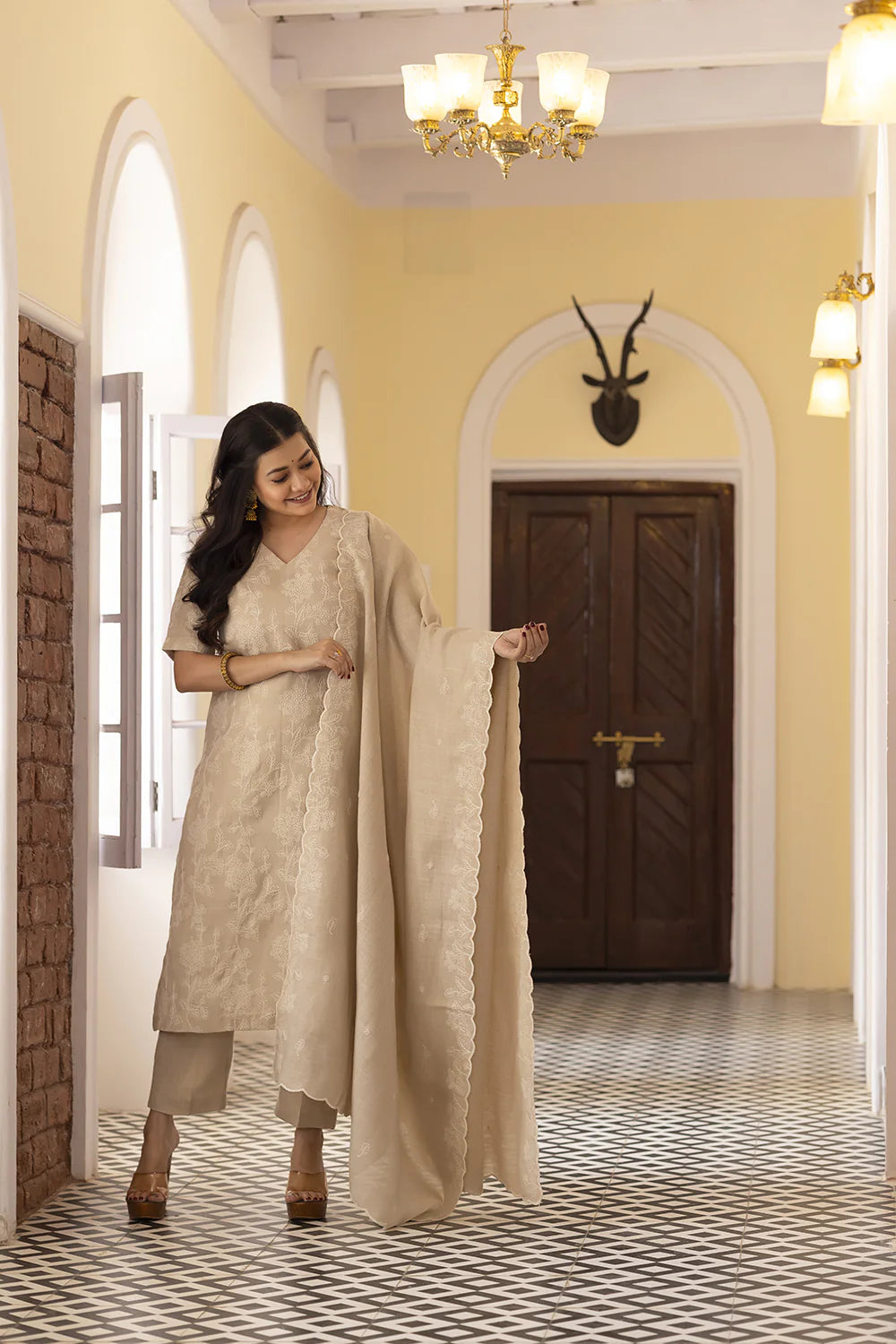 Elegant Beige Linen Embroidered Kurta Set with Dupatta for Festive Wear