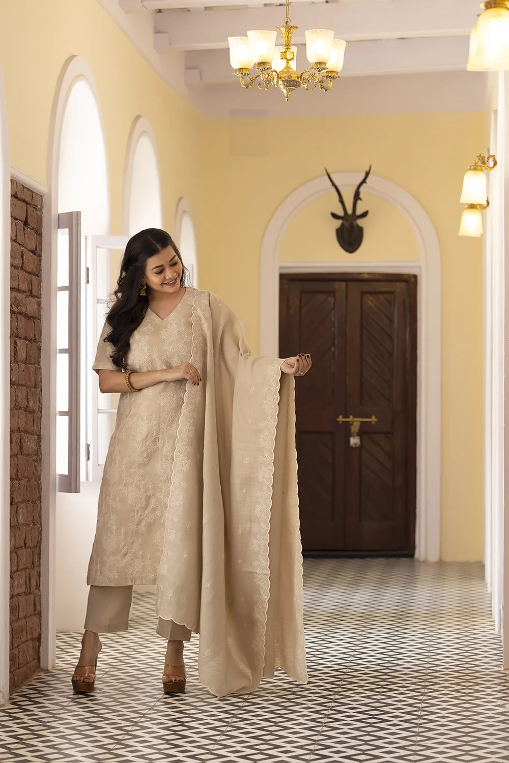 Elegant Beige Linen Embroidered Kurta Set with Dupatta for Festive Wear
