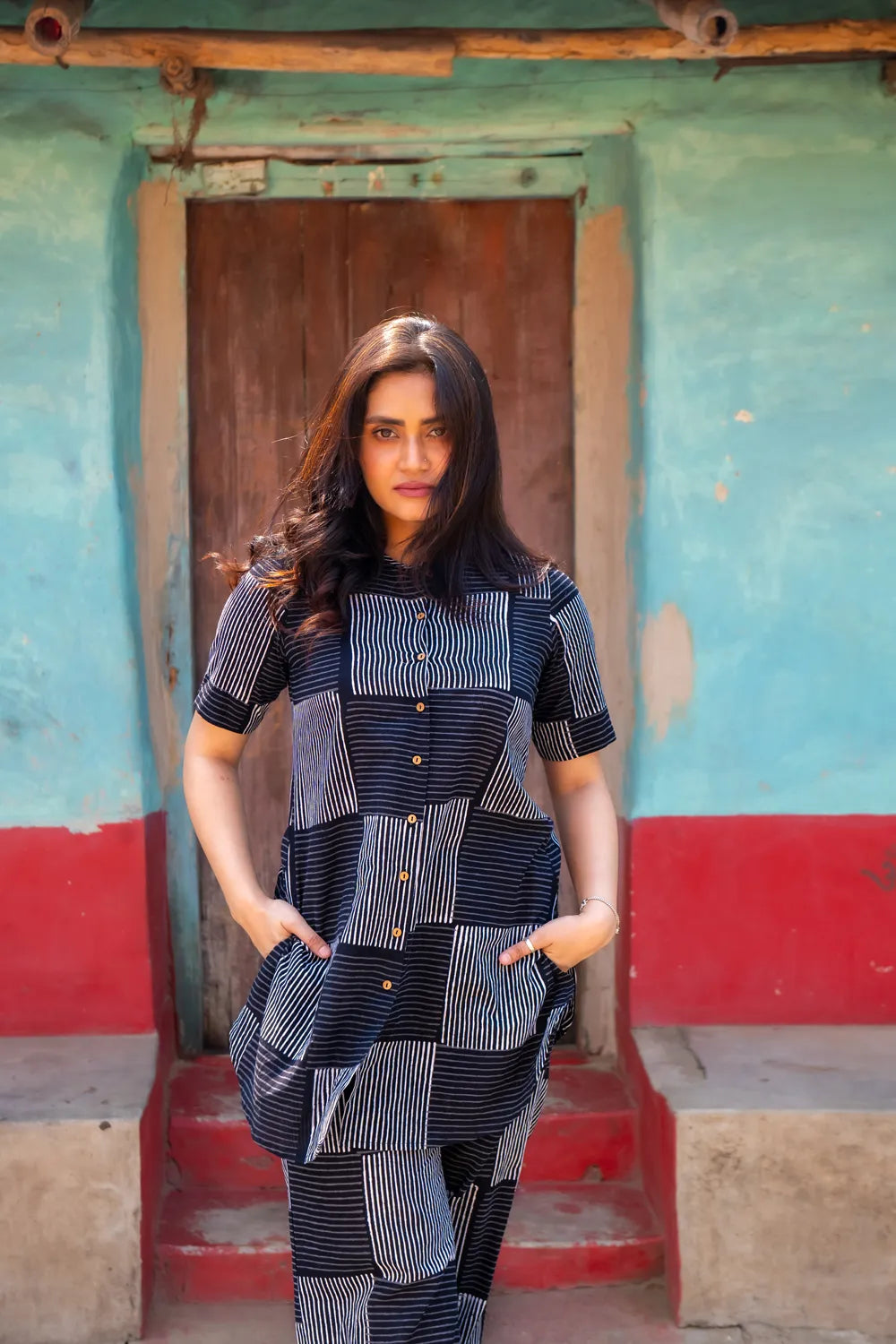 Elegant Black Check Stripes Hand Block Print Co-ord Set for Festive Wear