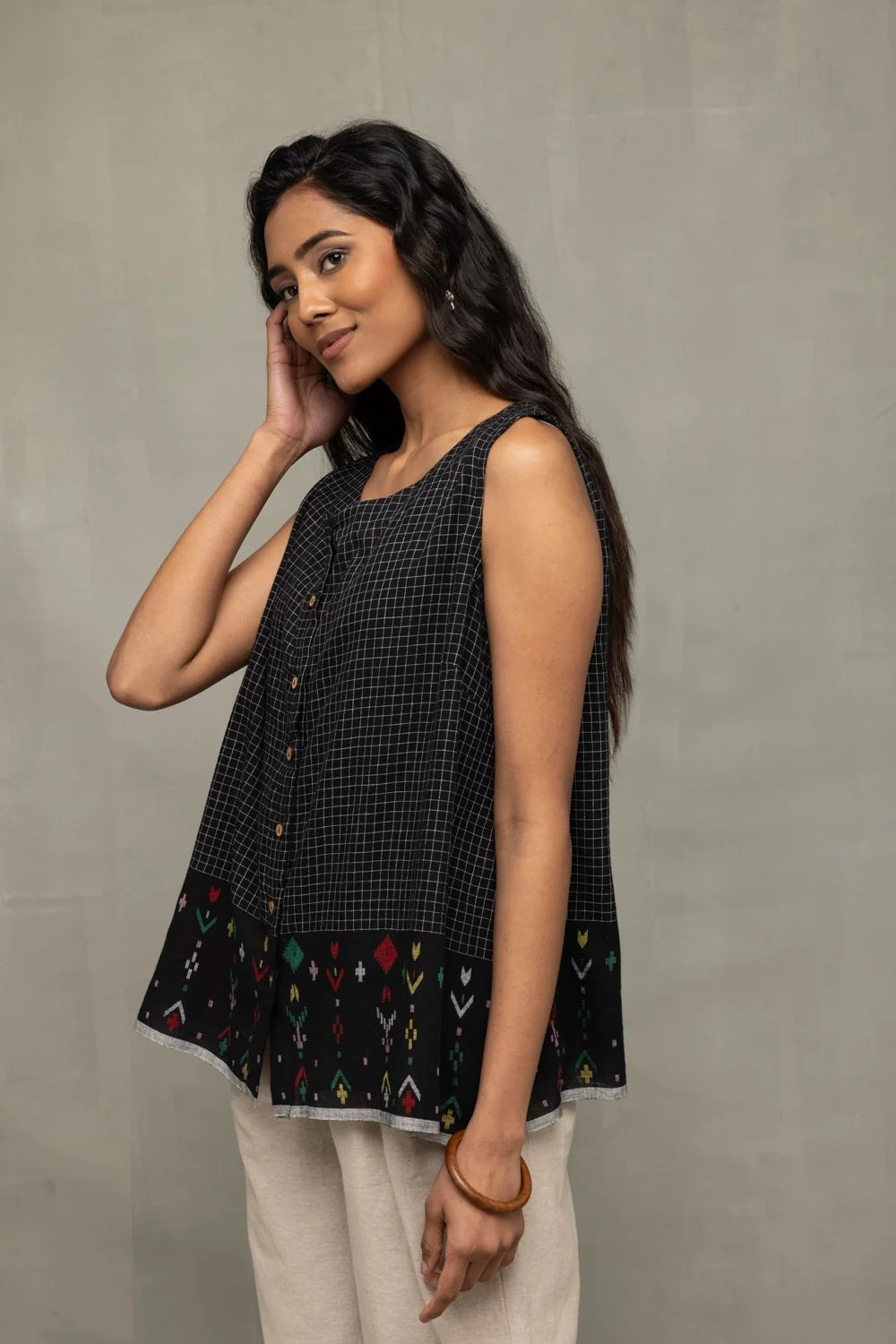 Elegant Black Checkered Jamdani Handwoven Top for Office Wear