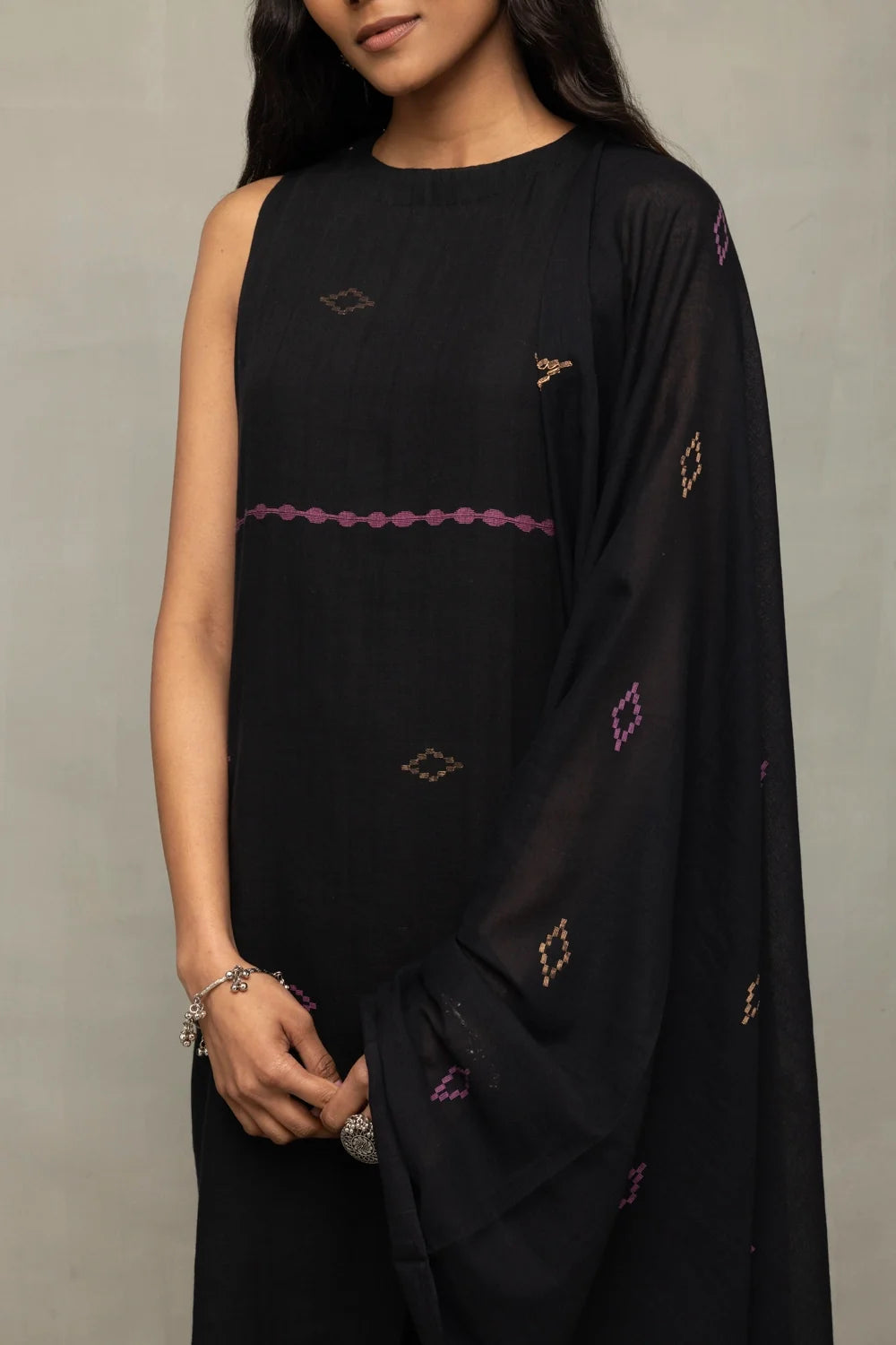 Elegant Black Cotton Jamdani Kurta Set with Dupatta for Festive Wear