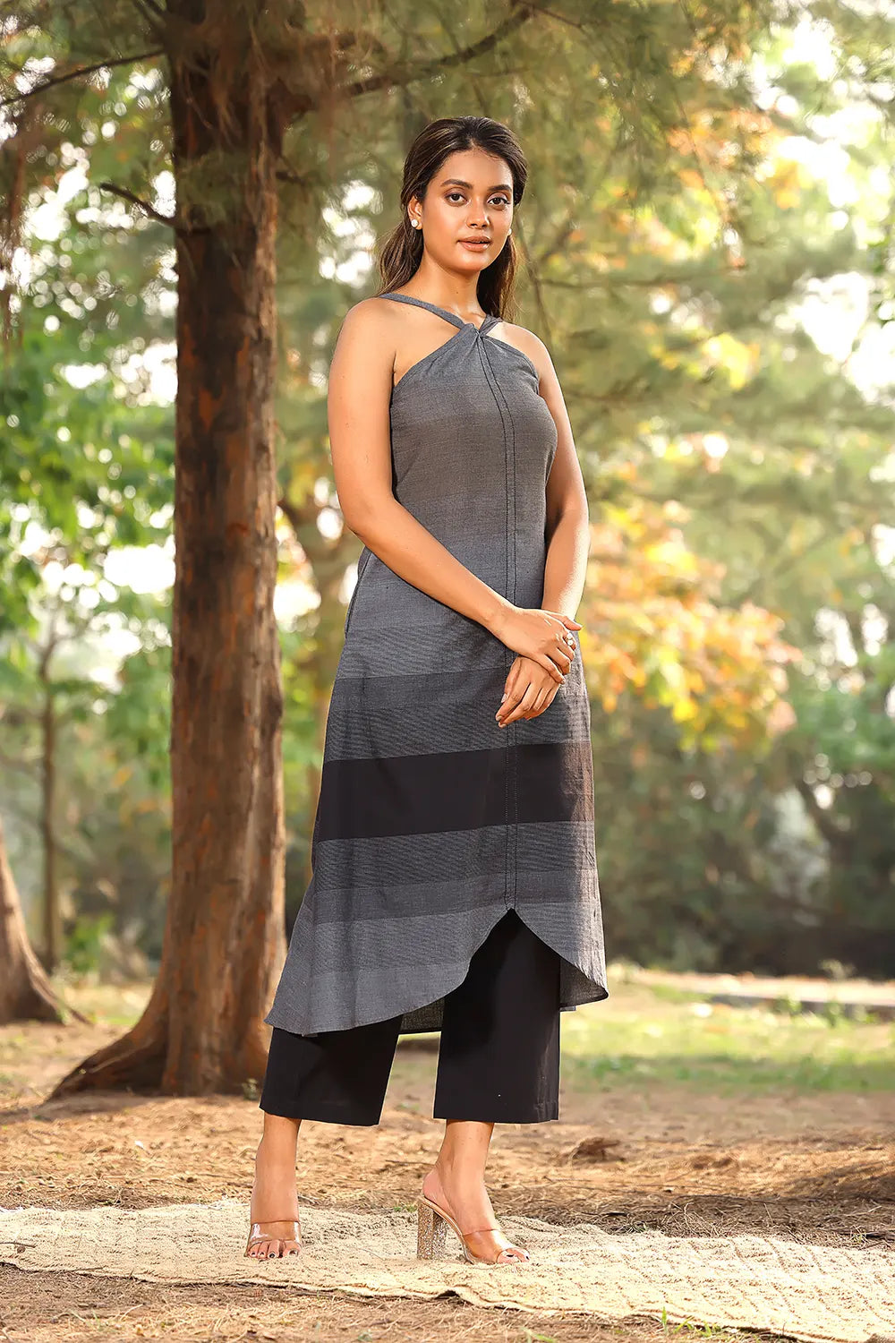 Elegant Black and Grey Striped Pure Cotton Co-ord Set for Festive Wear