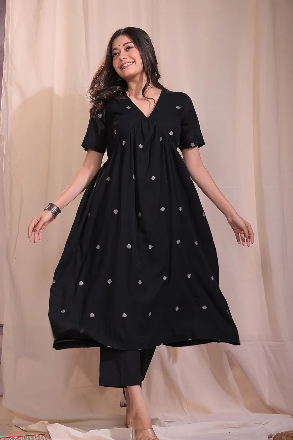 Elegant Black Jamdani Flared Kurta Set for Festive Wear