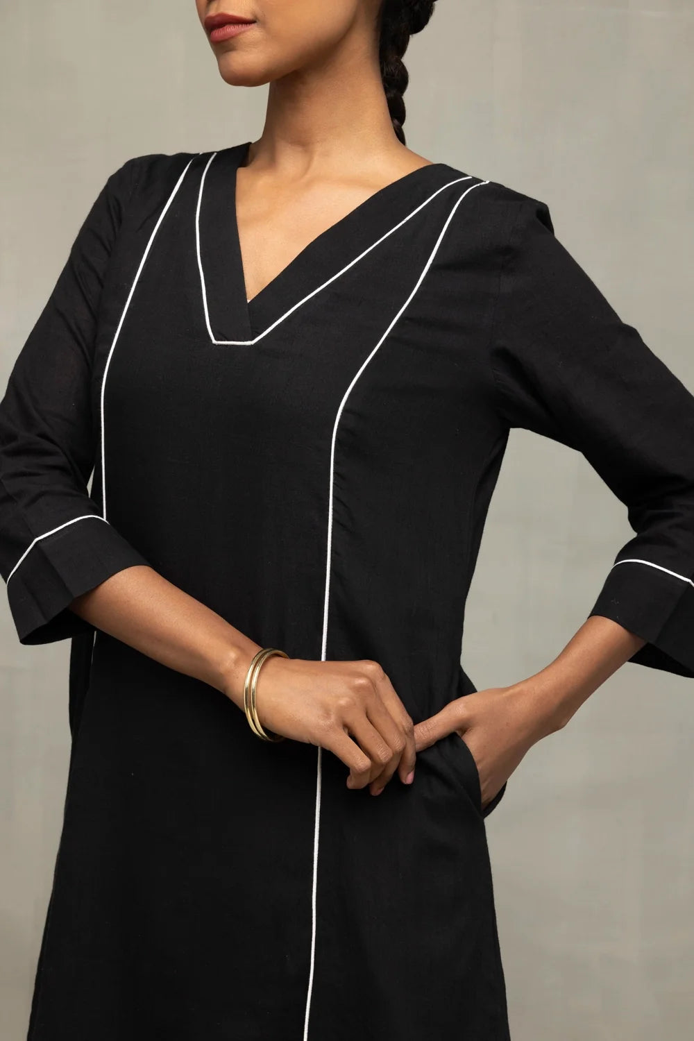 Elegant Black Kurta Set with White Piping and Jamdani Dupatta for Festive Wear
