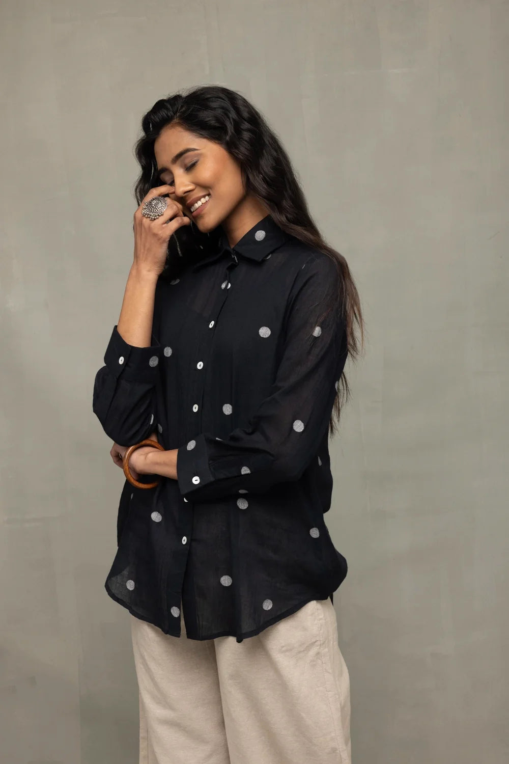 Elegant Black Polka Jamdani Handwoven Shirt for Festive Wear