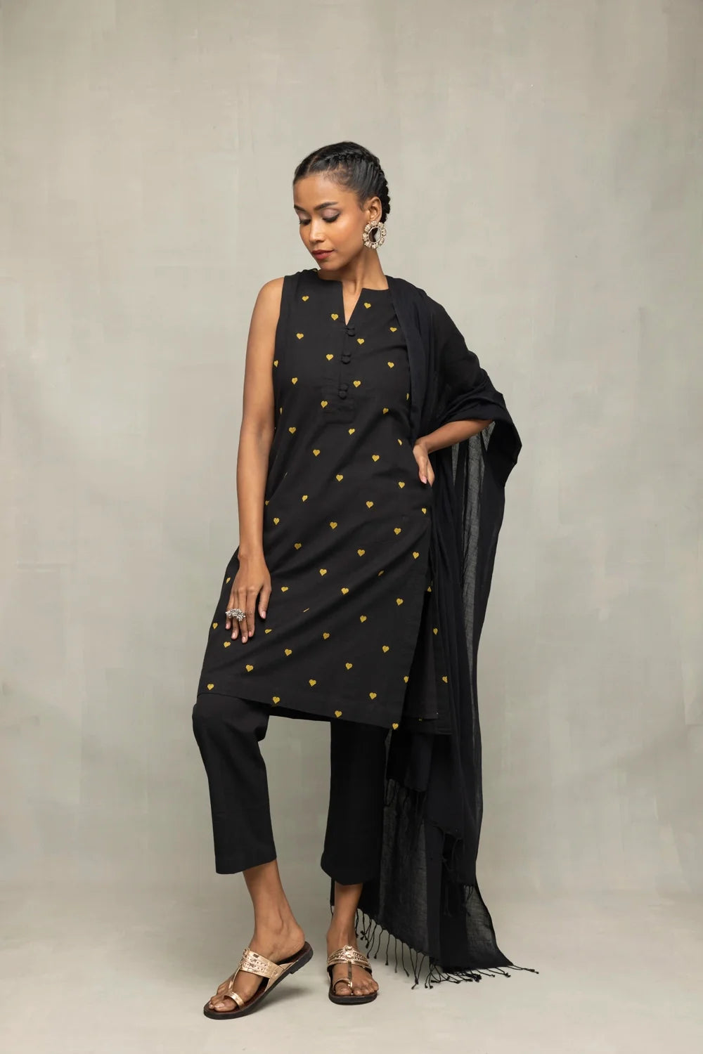 Elegant Black Yellow Hearts South Cotton Kurta Set with Dupatta for Festive Wear