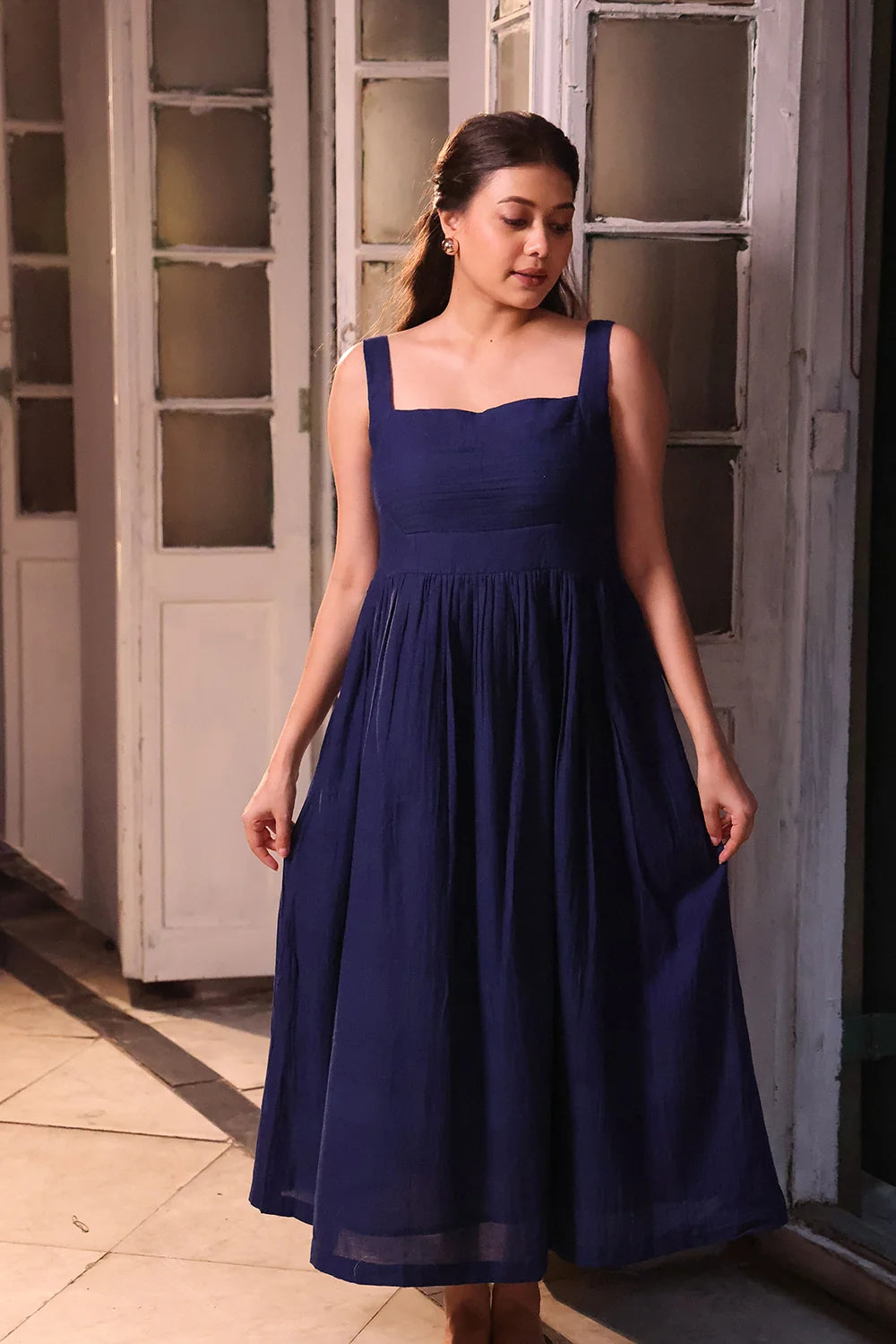 Elegant Blue Dusk Jamdani Cotton Dress for Festive and Ethnic Wear