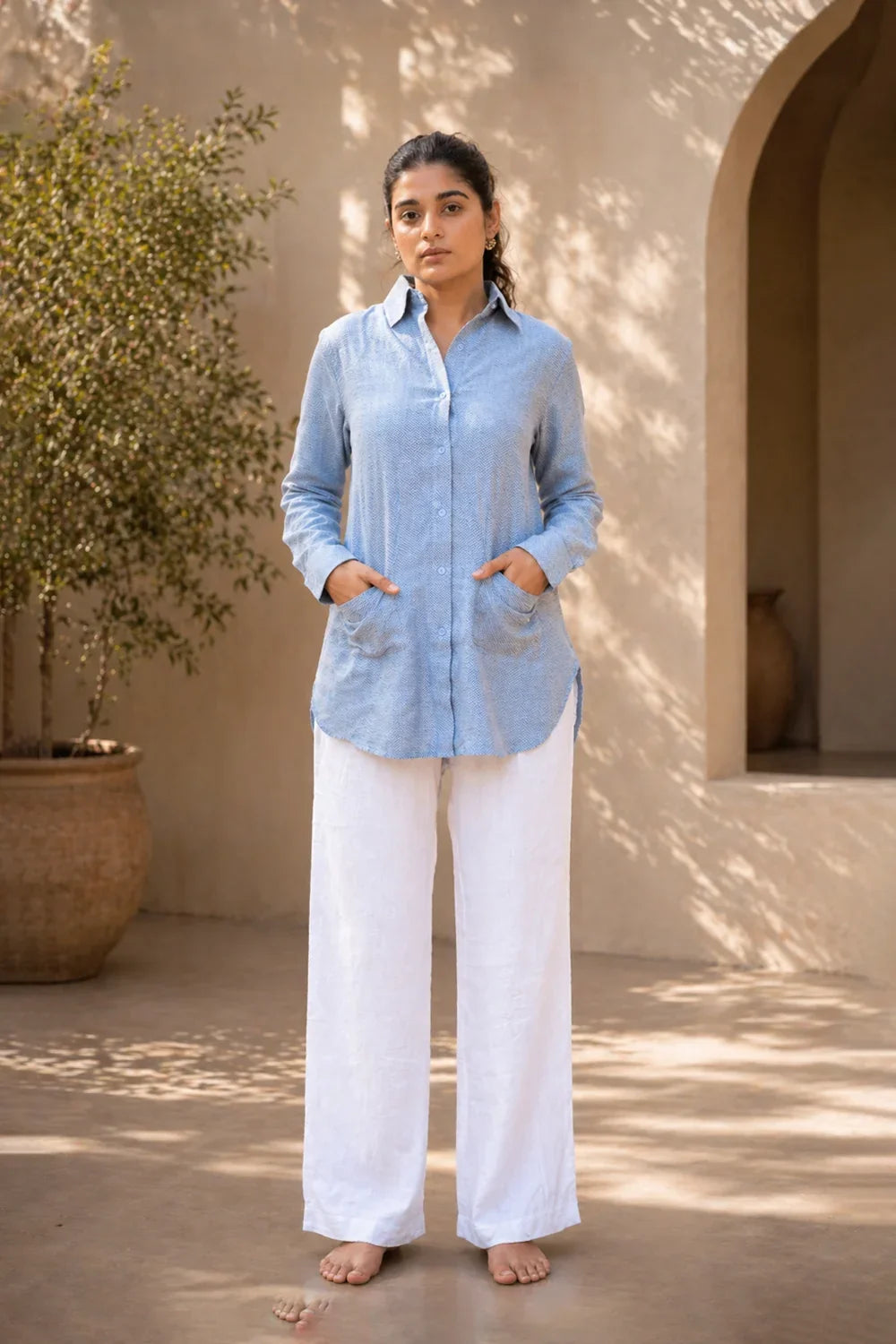 Elegant Blue and White Zig Zag Striped Pure Cotton Shirt for Casual and Office Wear