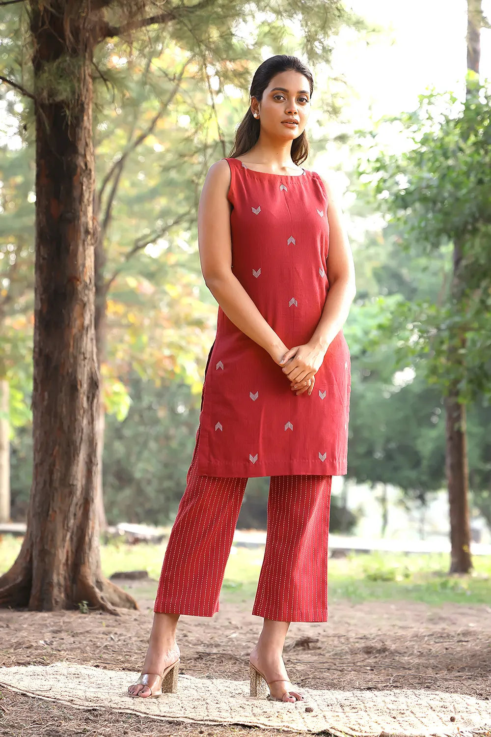 Elegant Brick Red Kurta with Stripes Pant Co-ord Set for Festive Wear