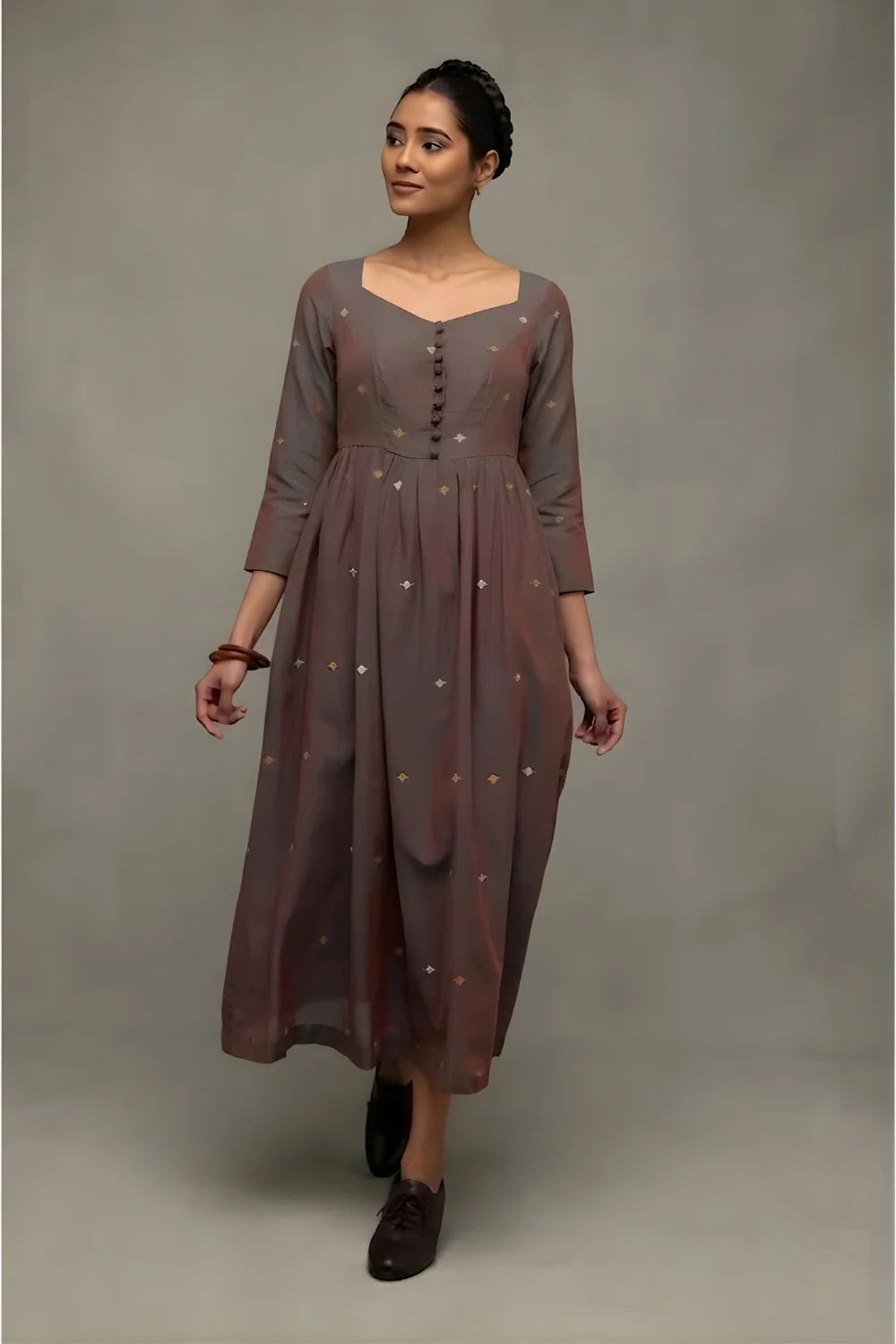 Brown Duo Tone Jamdani Hand-Woven Midi Dress-Sutra Art of Clothing