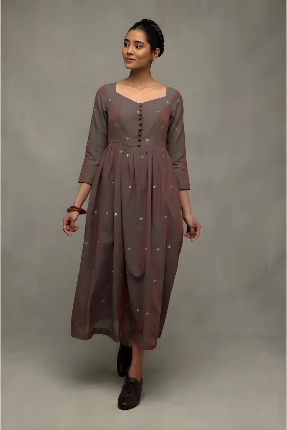 Elegant Brown Duo Tone Jamdani Midi Dress for Festive Wear