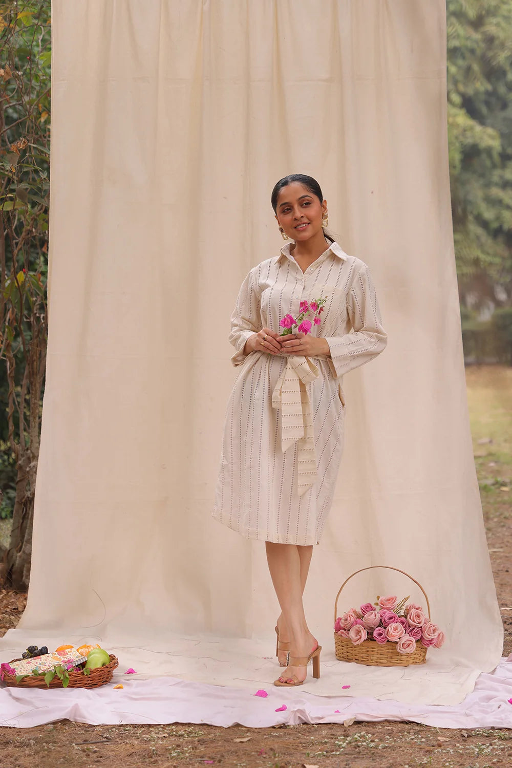 Elegant Cream Cotton Shirt Dress for Festive and Ethnic Wear