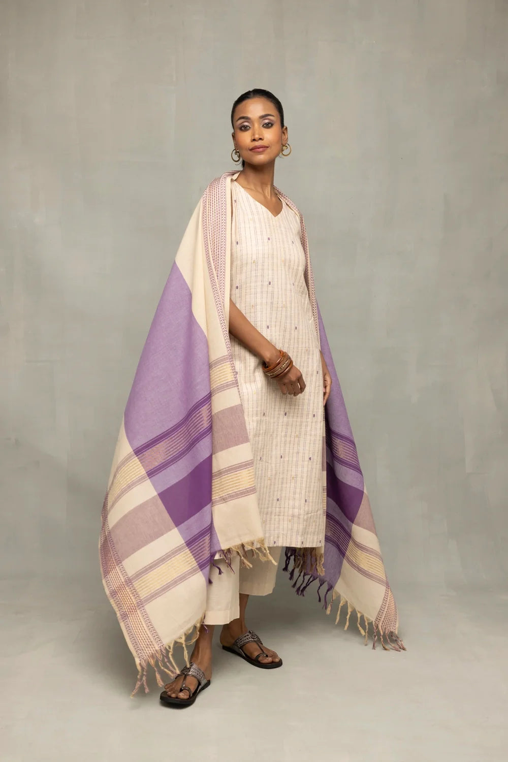 Elegant Cream and Mauve South Cotton Zari Kurta Set with Dupatta for Festive Wear