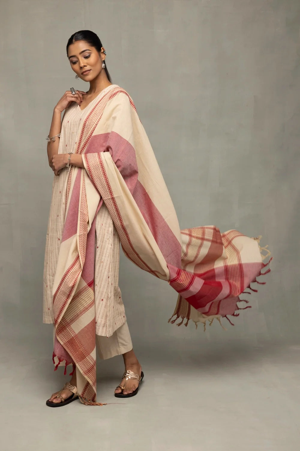 Elegant Cream and Pink South Cotton Zari Kurta Set with Dupatta for Festive Wear