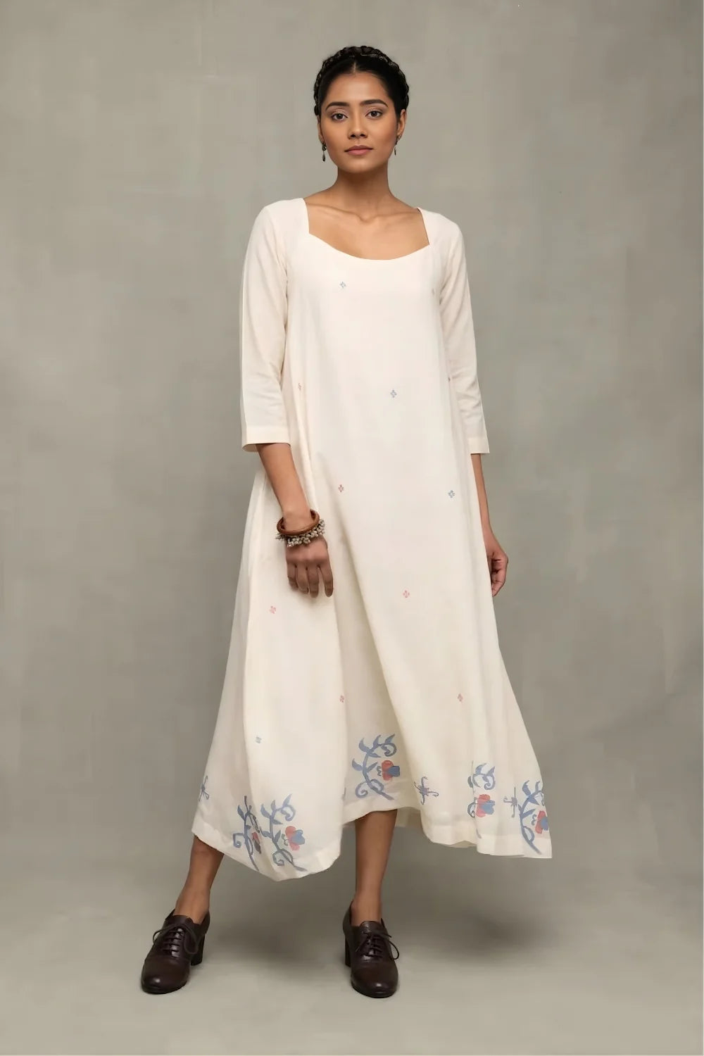 Elegant Cream Pure Cotton Jamdani Dress for Festive Wear
