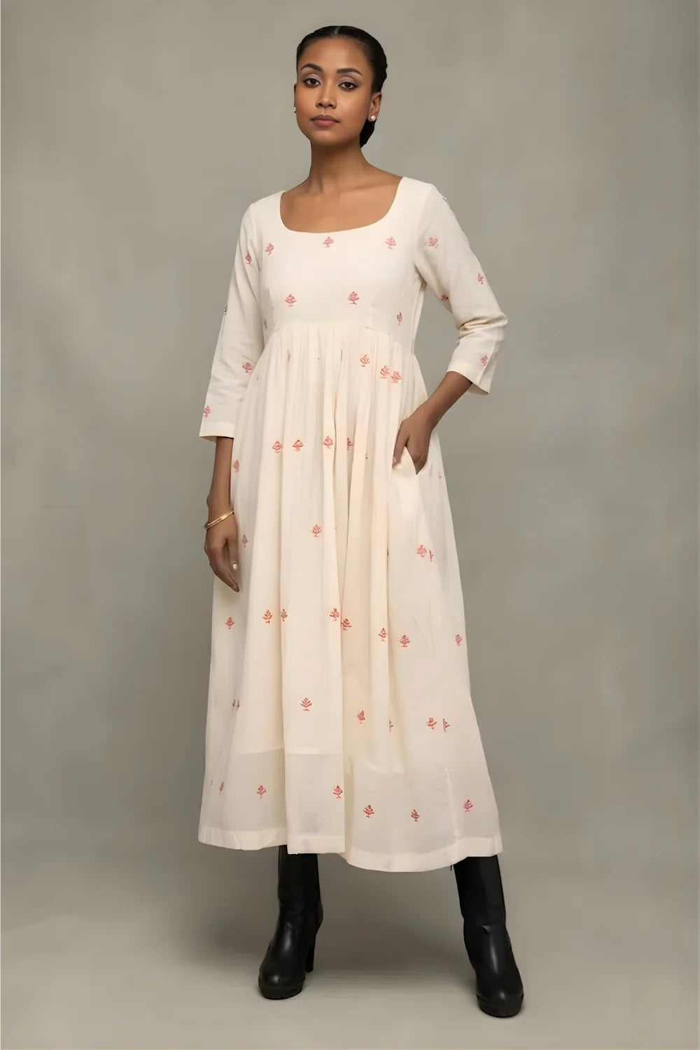 Elegant Cream and Red Dheki Jamdani Dress for Festive Wear