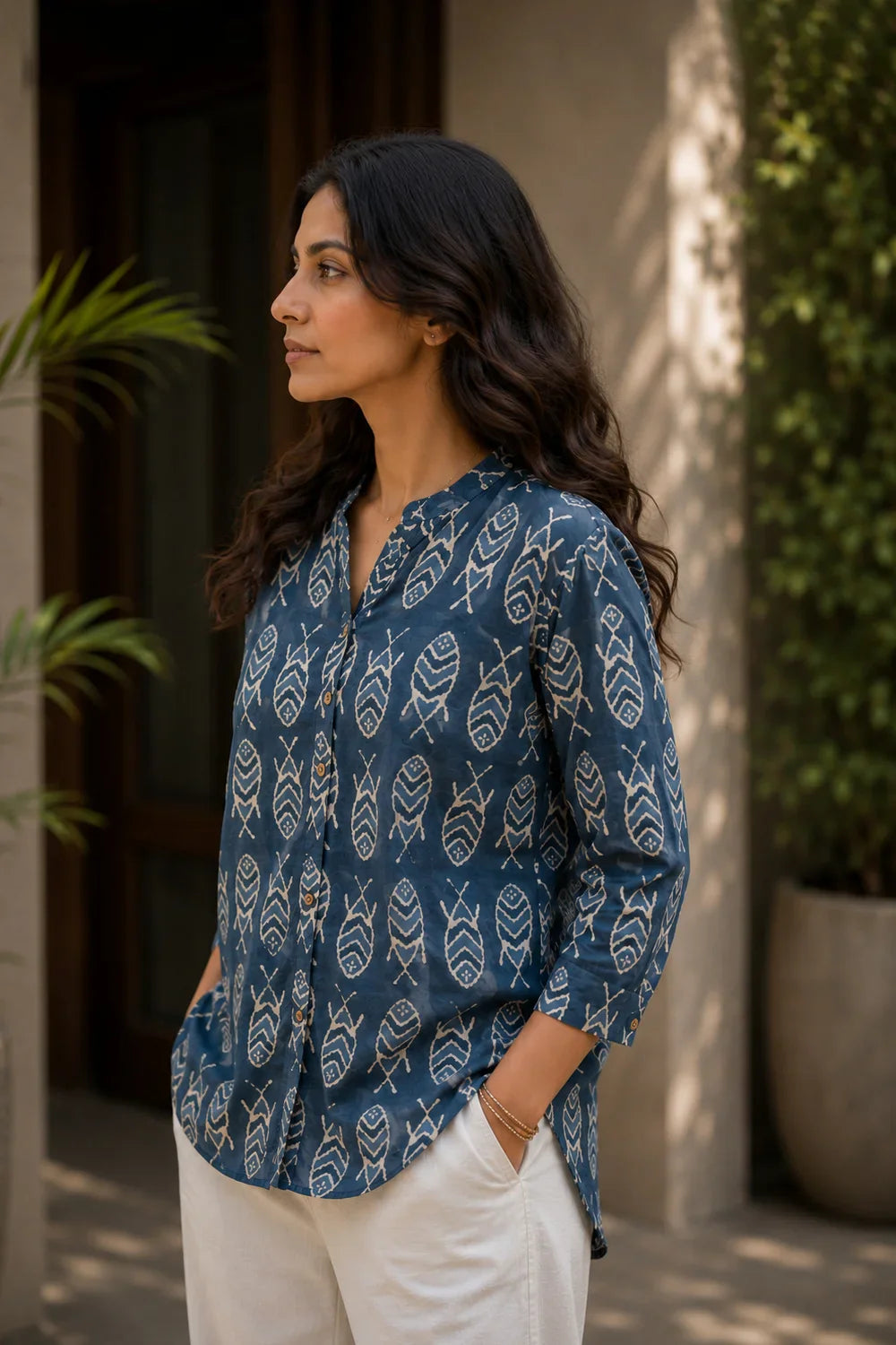 Elegant Dark Blue Fish Motif Block Print Pure Cotton Top for Summer Wear