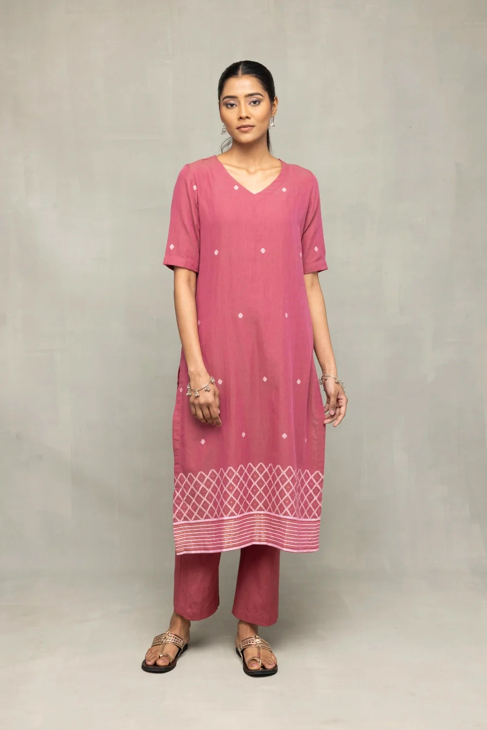 Elegant Dusty Rose Jamdani Kurta Set with Dupatta for Festive Wear