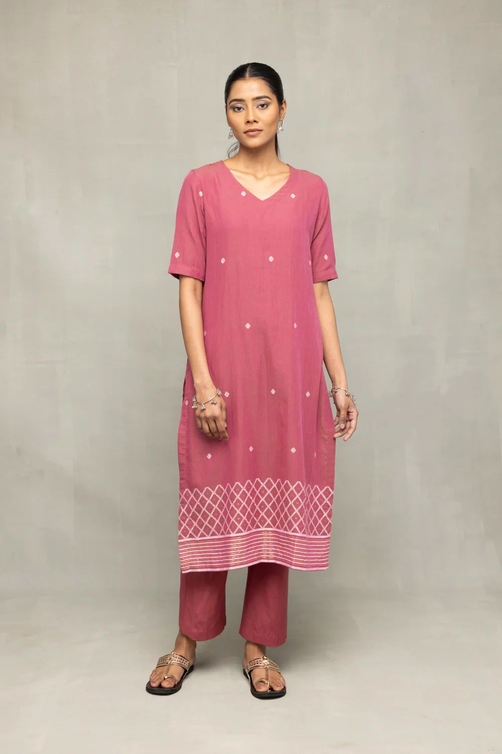Elegant Dusty Rose Jamdani Kurta Set with Dupatta for Festive Wear